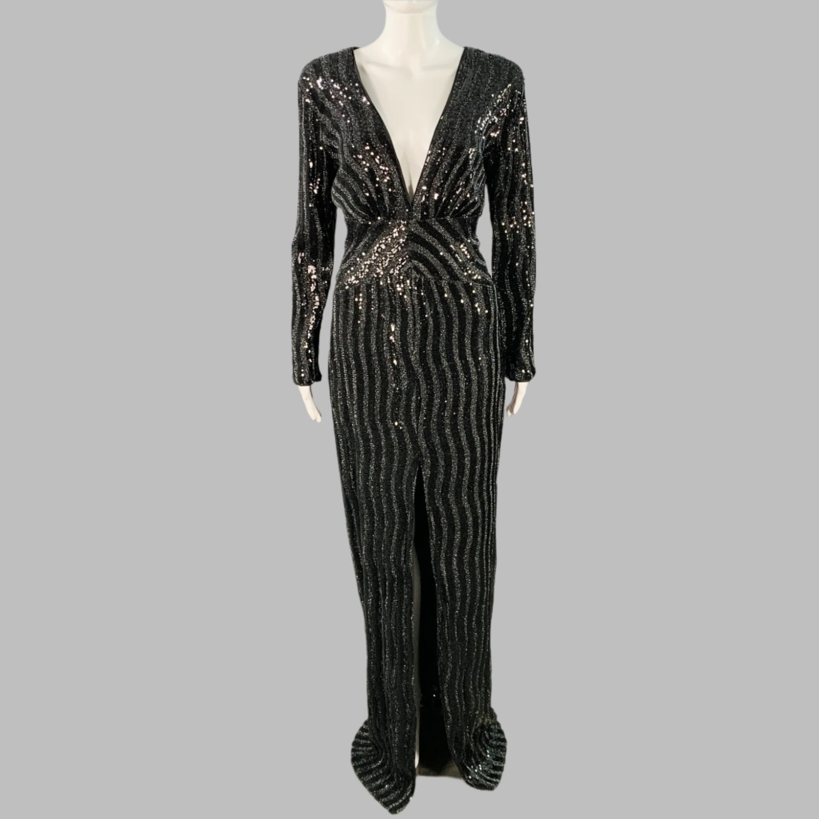 John Richmond Size M Black Silver Polyester Sequined V-Neck Evening Gown